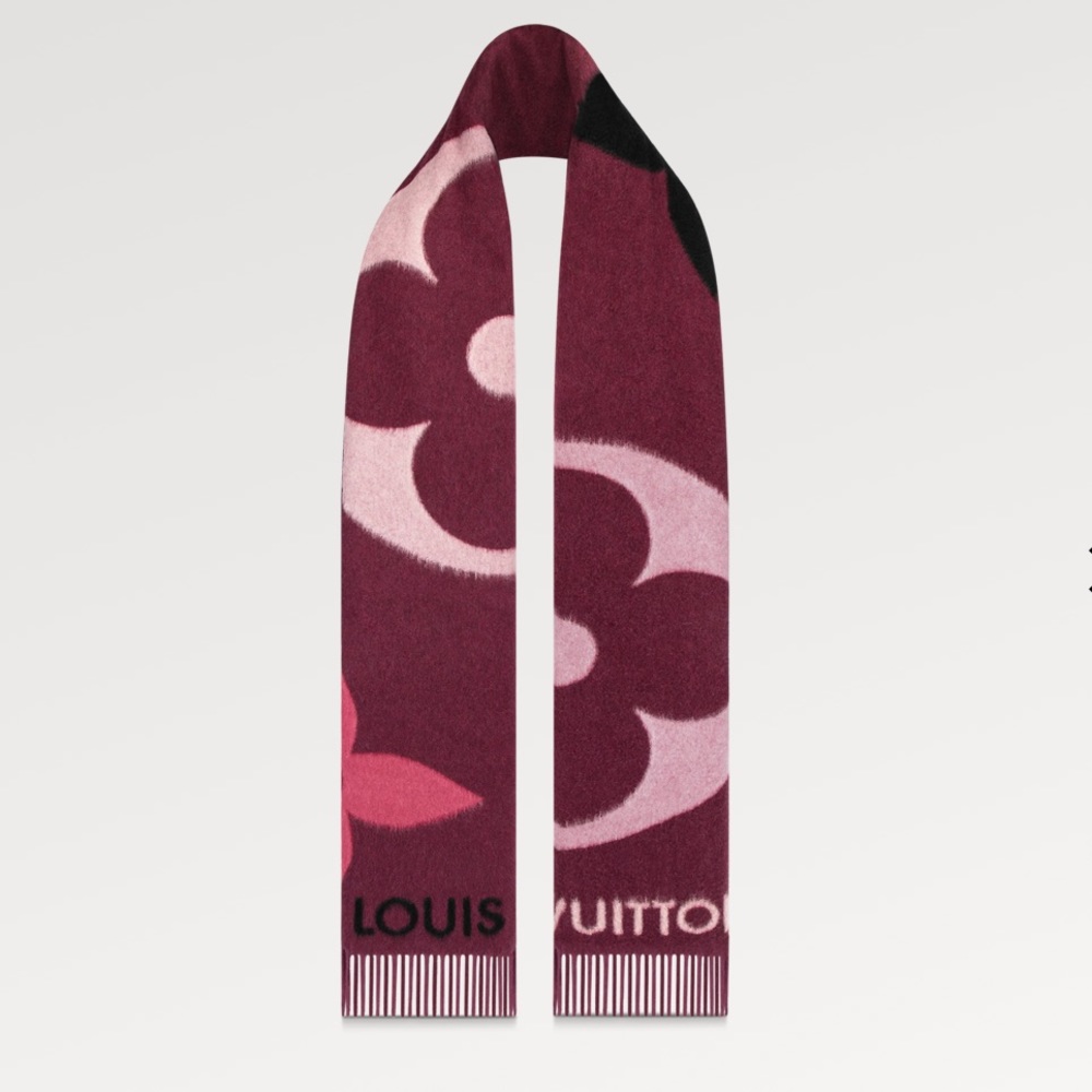 Louis Vuitton Ultimate Scarf oversized monogram fringe cashmere Bordeaux shawl
